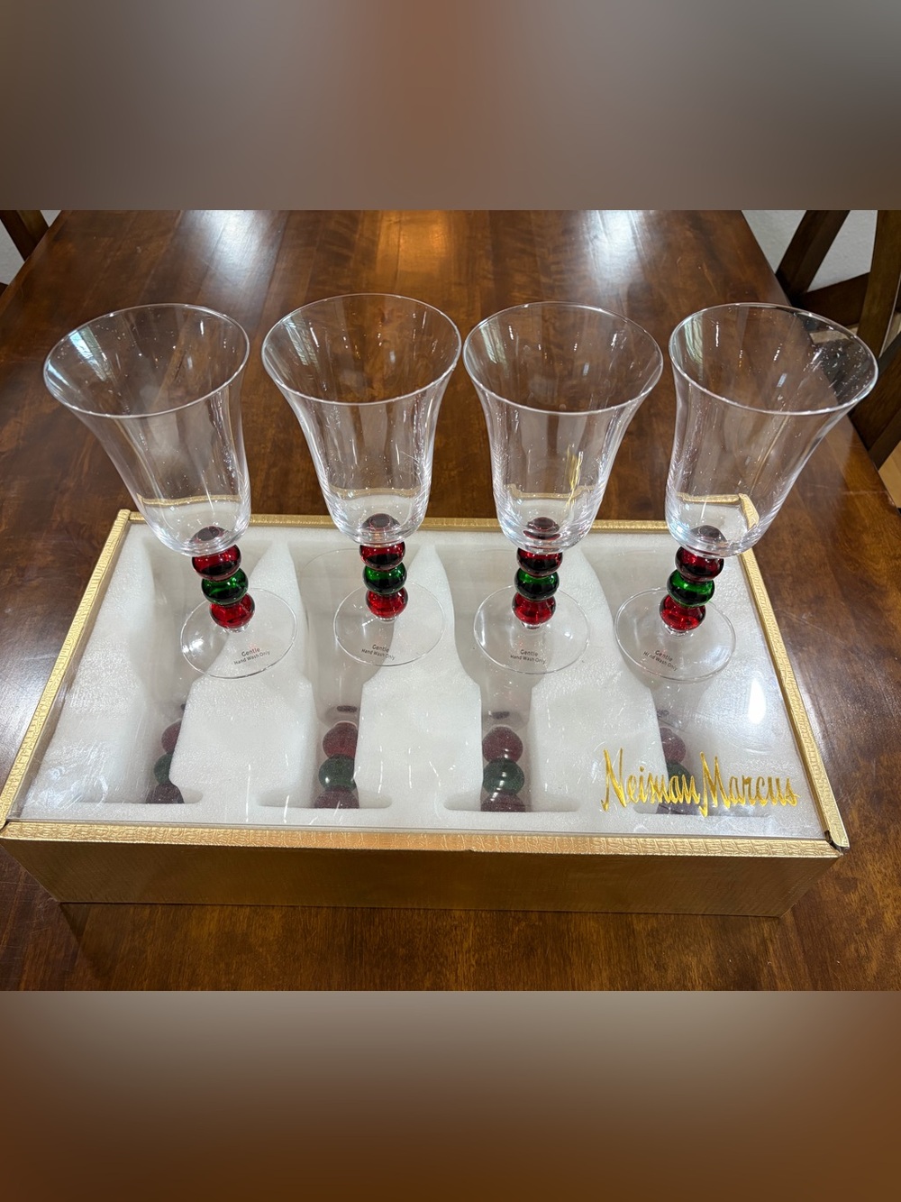 Neiman Marcus Clear Wine Glasses with Red & Green Bead Stems (Set of 8)